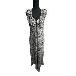 Oscar de la Renta Black White Long Silky Dress Size M Ruffled Feminine Cocktail